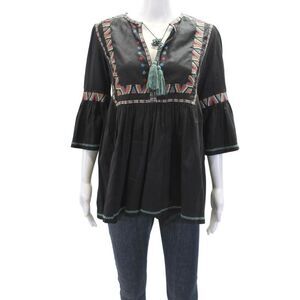 Talitha Womens Long Sleeve V Neck Embroidered Tunic Blouse Black Size M